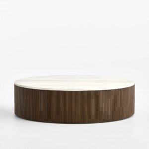 Luxury Round Fluted Marble Coffee Table – Warm Walnut & White