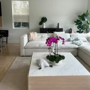 Modern Square Marble Top Coffee Table with Light Oak Base