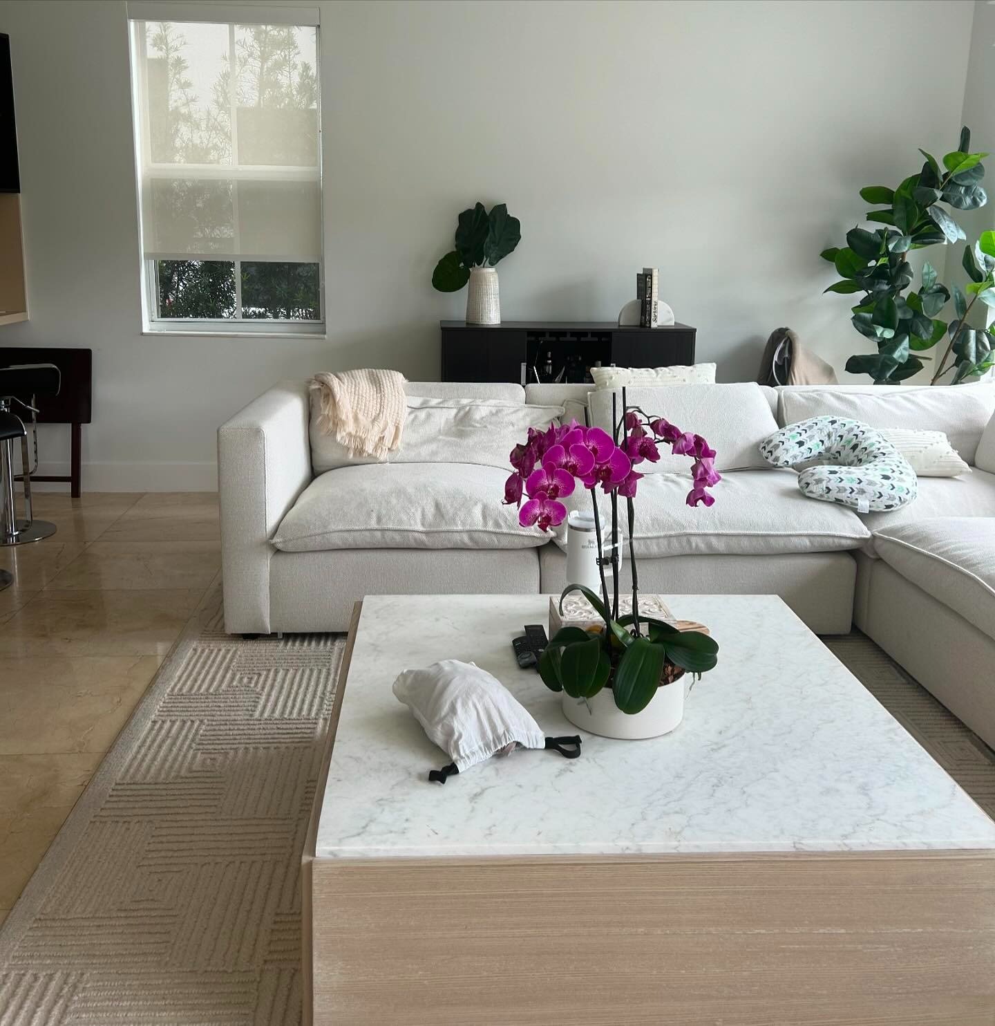Modern Square Marble Top Coffee Table with Light Oak Base