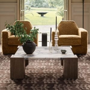 Luxury Square Marble Coffee Table with Bold Wooden Legs