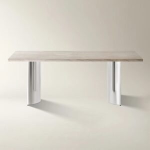 Dining table with travertine marble top and metal base