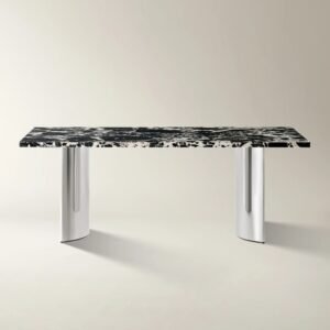 Dining table with black marble top and stainless steel base