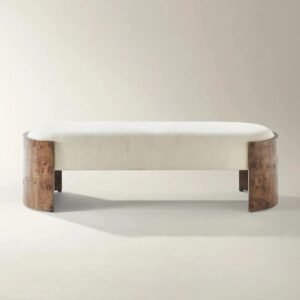 Bench with Chenille Upholstery and Burl Wood Panels