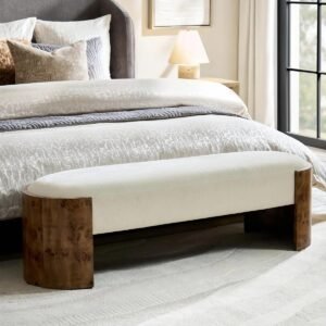 Bench with Chenille Upholstery and Burl Wood Panels