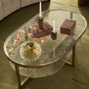 Oval Coffee Table with Glass Top and Storage Shelf