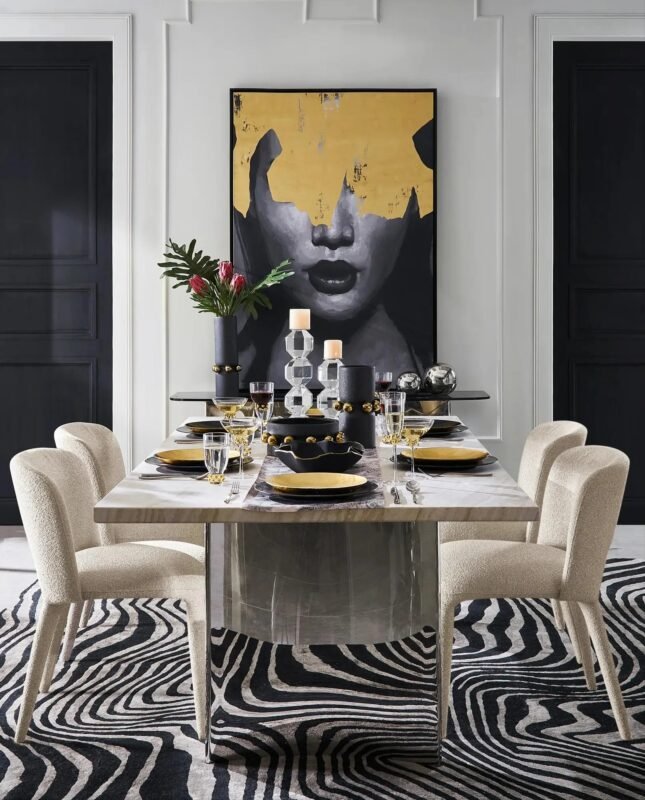 Dining table with travertine marble top and metal base