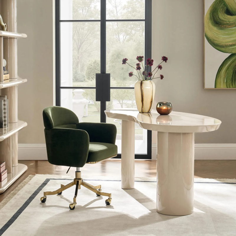 Lacquered desk with cylindrical base engineered wood frame