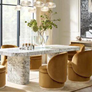 Dining table with marble look fiber concrete top large span