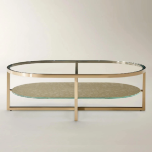 Oval Coffee Table with Glass Top and Storage Shelf